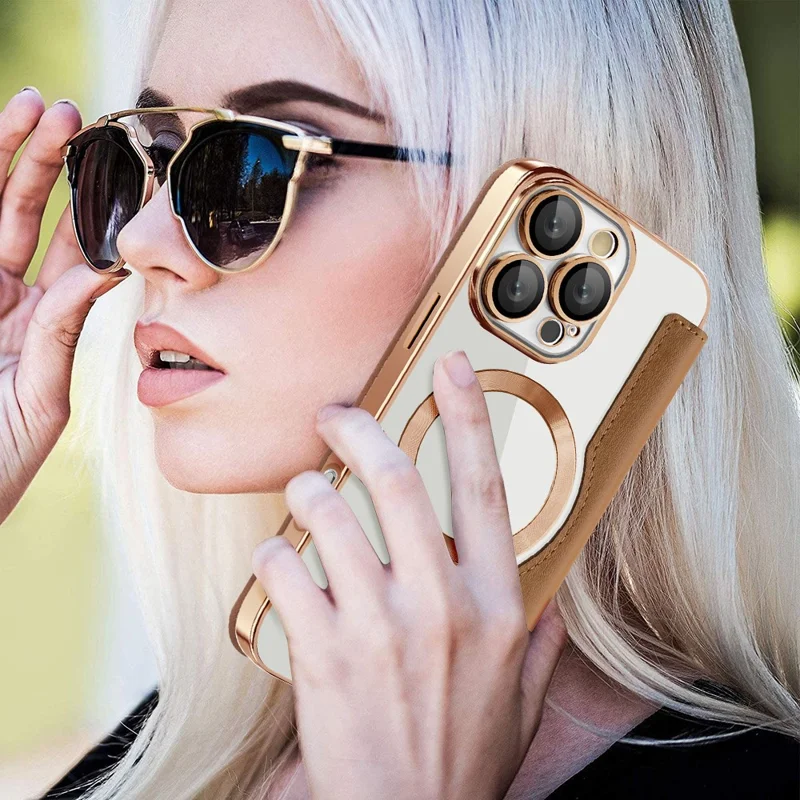 For iPhone 16 Pro Case Compatible with MagSafe PU Leather Card Slots Phone Cover - Brown