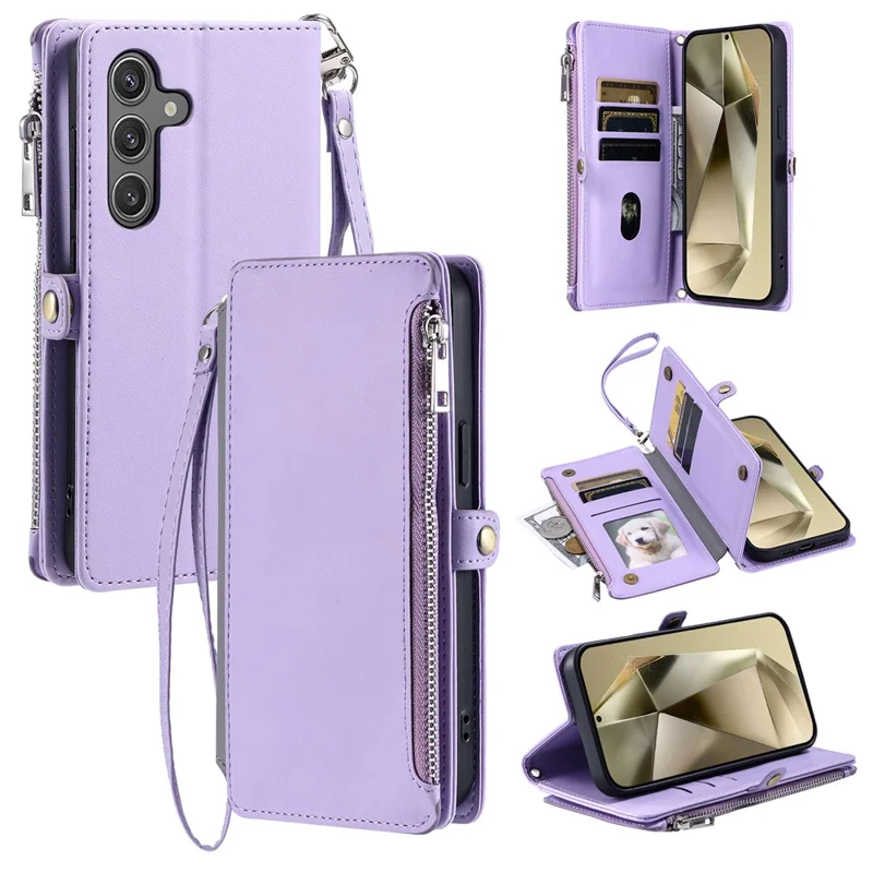 015 Style For Samsung Galaxy S24+ Wallet Case Anti-Drop Leather Phone Cover with Straps - Purple