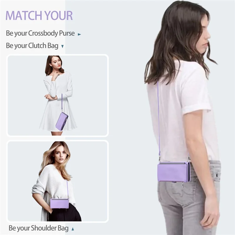 015 Style For Samsung Galaxy S24+ Wallet Case Anti-Drop Leather Phone Cover with Straps - Purple