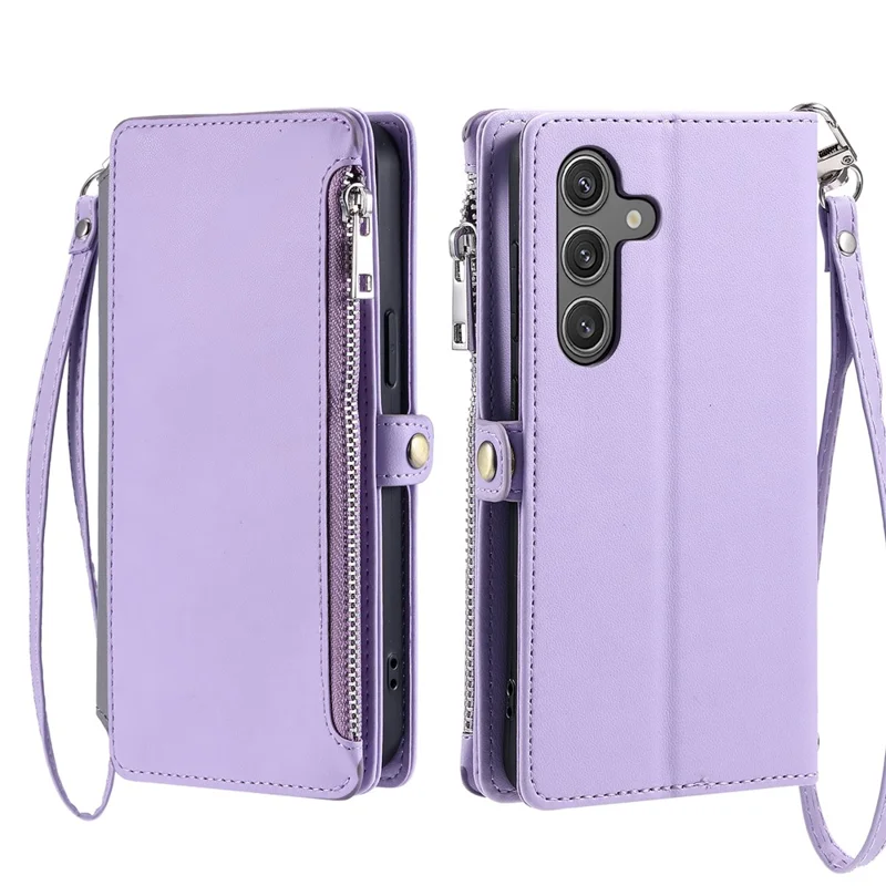 015 Style For Samsung Galaxy S24+ Wallet Case Anti-Drop Leather Phone Cover with Straps - Purple