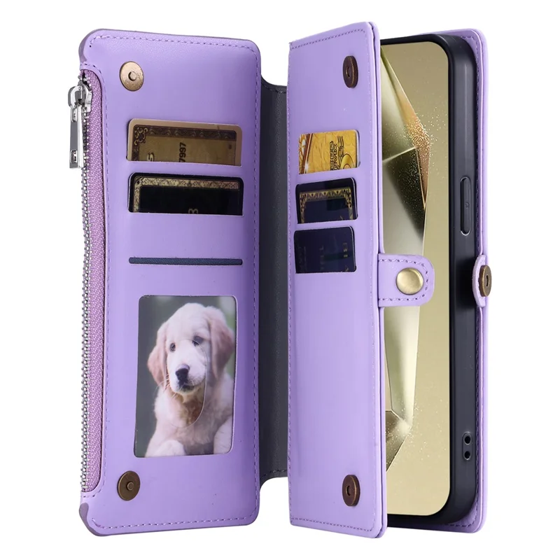 015 Style For Samsung Galaxy S24+ Wallet Case Anti-Drop Leather Phone Cover with Straps - Purple