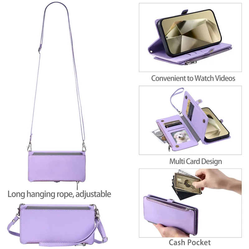 015 Style For Samsung Galaxy S24 Wallet Phone Case Leather Flip Cover with Straps - Purple