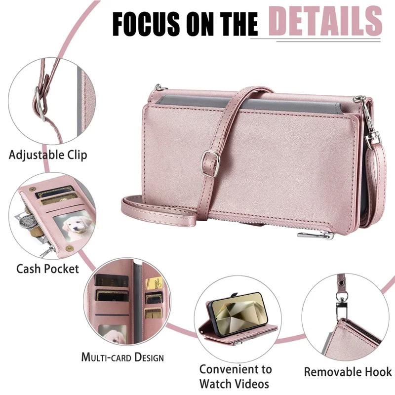 015 Style For Samsung Galaxy A34 5G Case Shockproof Leather Wallet Phone Cover with Straps - Rose Gold