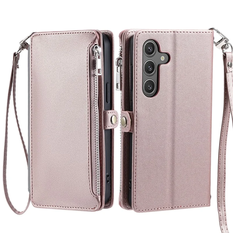 015 Style For Samsung Galaxy A34 5G Case Shockproof Leather Wallet Phone Cover with Straps - Rose Gold
