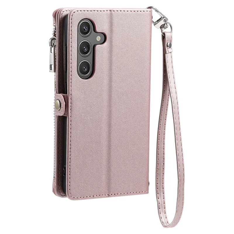 015 Style For Samsung Galaxy A34 5G Case Shockproof Leather Wallet Phone Cover with Straps - Rose Gold