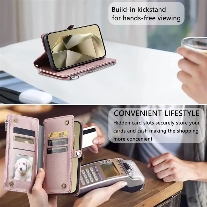 015 Style For Samsung Galaxy A34 5G Case Shockproof Leather Wallet Phone Cover with Straps - Rose Gold