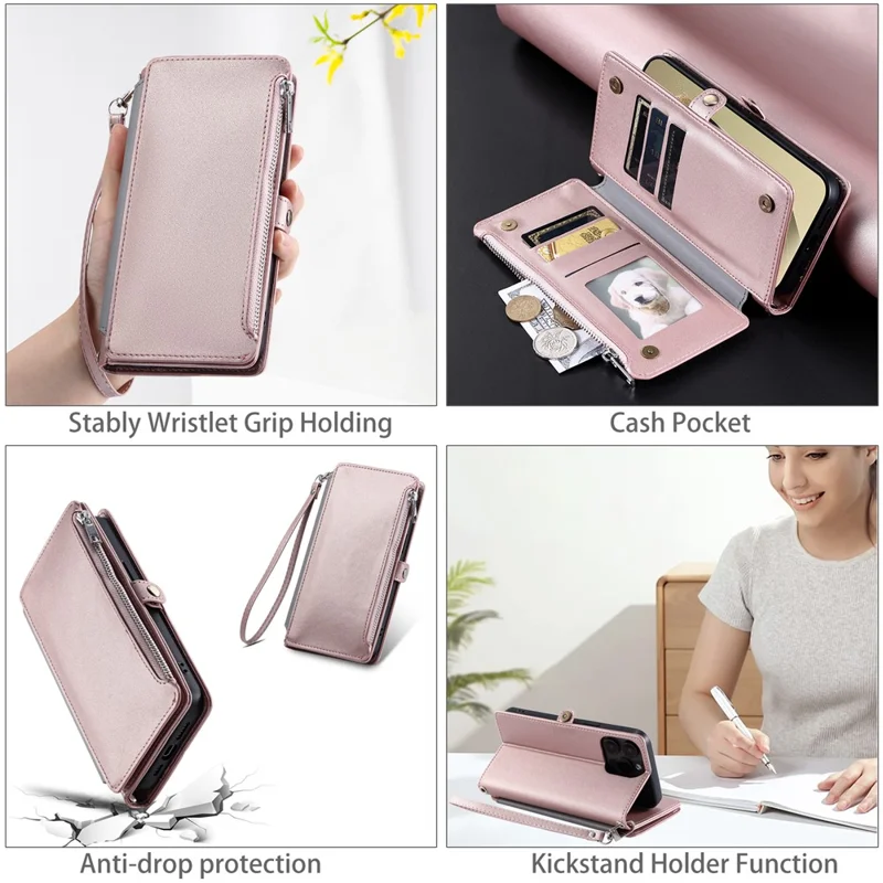 015 Style For Samsung Galaxy A34 5G Case Shockproof Leather Wallet Phone Cover with Straps - Rose Gold