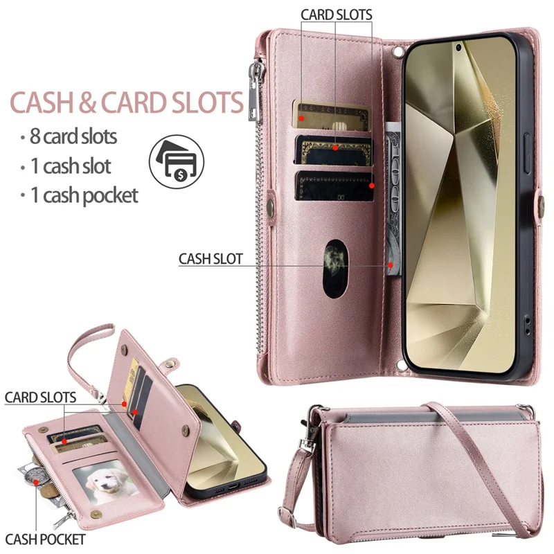 015 Style For Samsung Galaxy A34 5G Case Shockproof Leather Wallet Phone Cover with Straps - Rose Gold