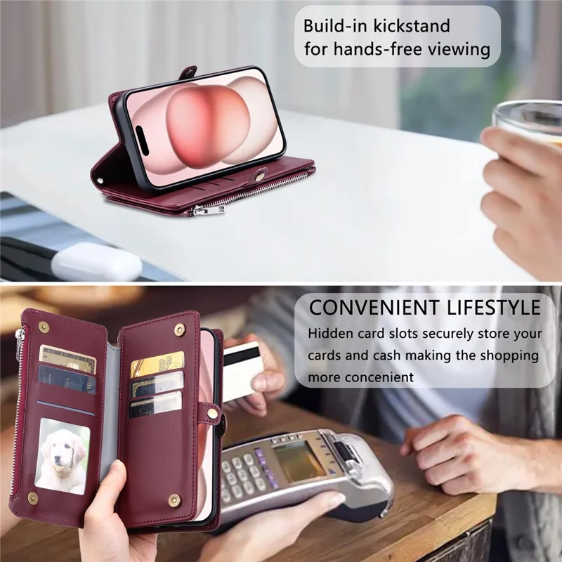 015 Style For iPhone 16 Pro Max Wallet Case Anti-Scratch Leather Phone Cover with Straps - Wine Red