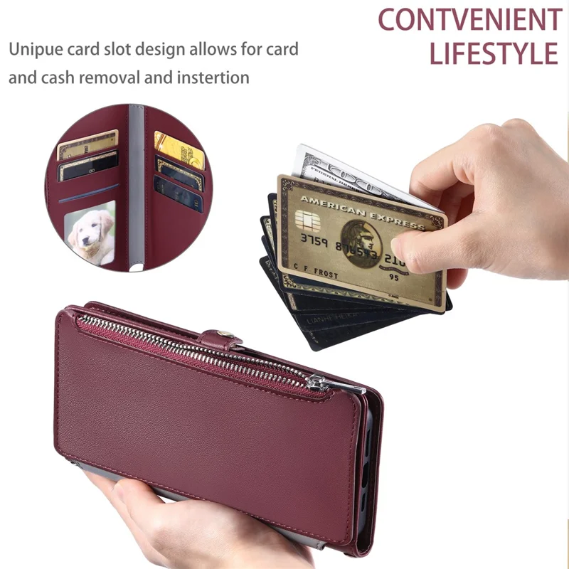 015 Style For iPhone 16 Pro Max Wallet Case Anti-Scratch Leather Phone Cover with Straps - Wine Red