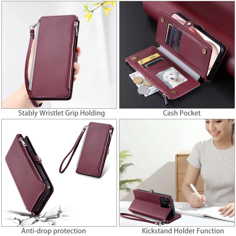 015 Style For iPhone 16 Pro Max Wallet Case Anti-Scratch Leather Phone Cover with Straps - Wine Red
