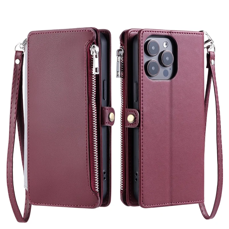 015 Style For iPhone 16 Pro Max Wallet Case Anti-Scratch Leather Phone Cover with Straps - Wine Red