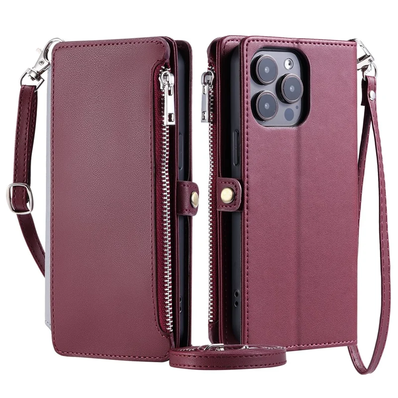 015 Style For iPhone 16 Pro Max Wallet Case Anti-Scratch Leather Phone Cover with Straps - Wine Red