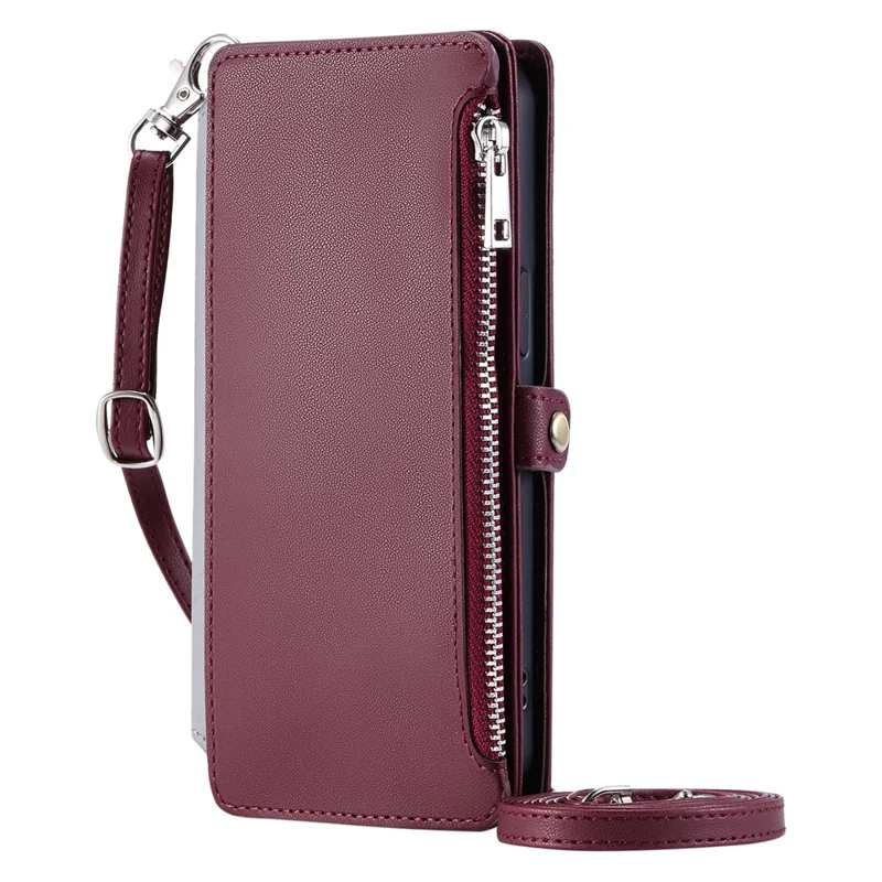 015 Style For iPhone 16 Pro Max Wallet Case Anti-Scratch Leather Phone Cover with Straps - Wine Red