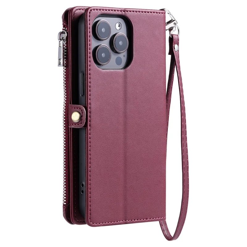 015 Style For iPhone 16 Pro Max Wallet Case Anti-Scratch Leather Phone Cover with Straps - Wine Red