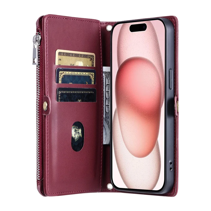 015 Style For iPhone 16 Pro Max Wallet Case Anti-Scratch Leather Phone Cover with Straps - Wine Red