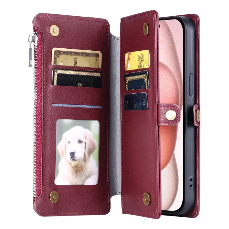 015 Style For iPhone 16 Pro Max Wallet Case Anti-Scratch Leather Phone Cover with Straps - Wine Red