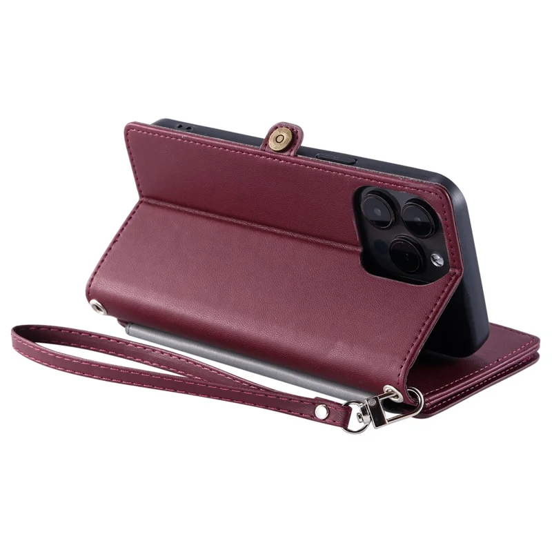 015 Style For iPhone 16 Pro Max Wallet Case Anti-Scratch Leather Phone Cover with Straps - Wine Red