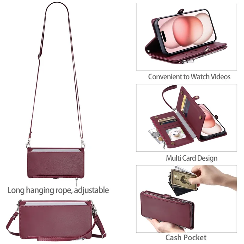 015 Style For iPhone 16 Pro Max Wallet Case Anti-Scratch Leather Phone Cover with Straps - Wine Red