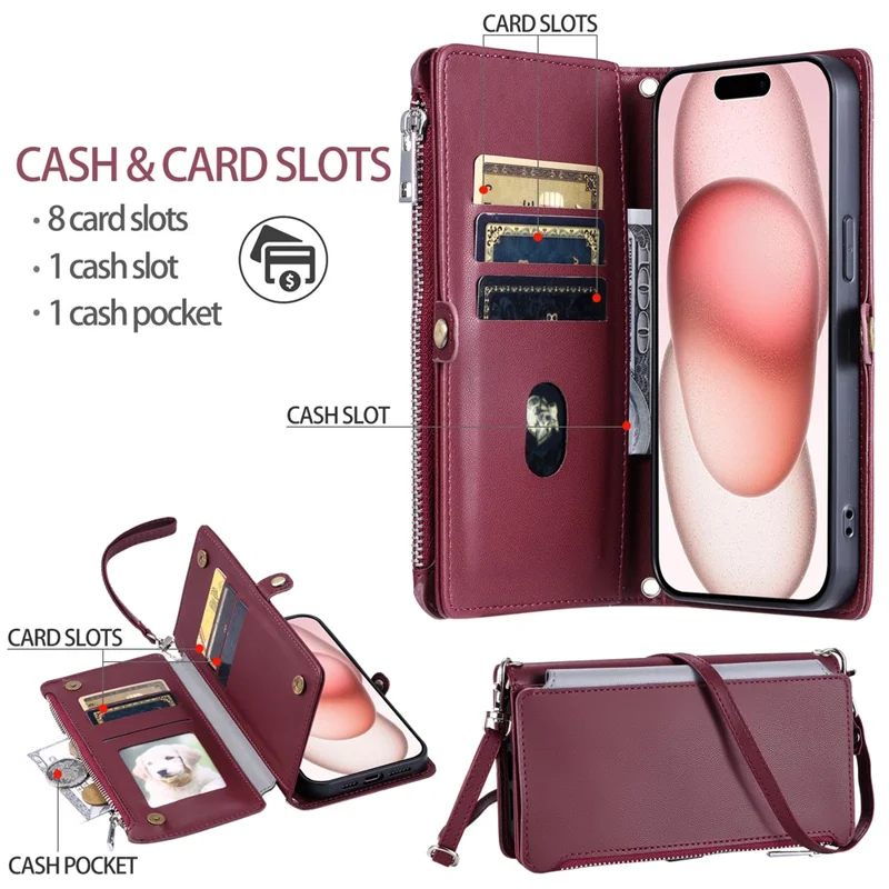 015 Style For iPhone 16 Pro Max Wallet Case Anti-Scratch Leather Phone Cover with Straps - Wine Red