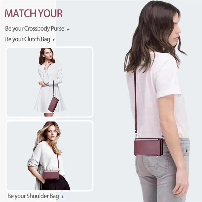 015 Style For iPhone 16 Pro Max Wallet Case Anti-Scratch Leather Phone Cover with Straps - Wine Red