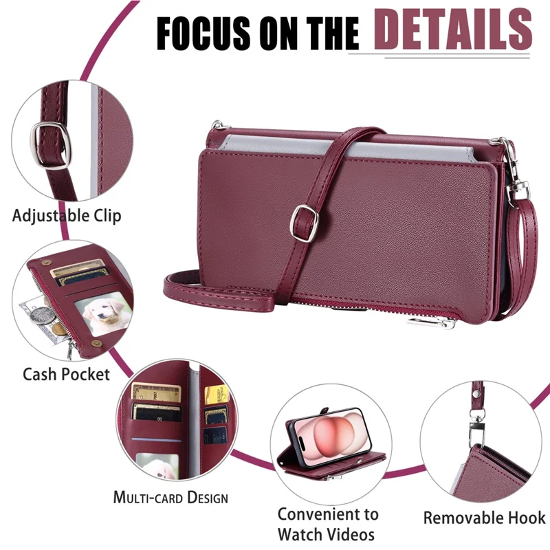 015 Style For iPhone 16 Pro Max Wallet Case Anti-Scratch Leather Phone Cover with Straps - Wine Red