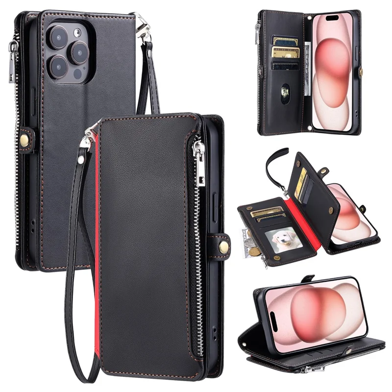 015 Style Für iPhone 15 Pro Max Hülle mit Reißverschlusstasche Leder Brieftasche Handyhülle - Schwarz