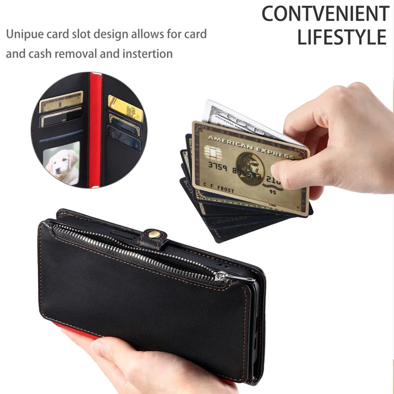 015 Style Für iPhone 15 Pro Max Hülle mit Reißverschlusstasche Leder Brieftasche Handyhülle - Schwarz