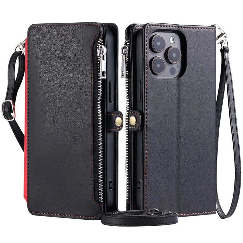 015 Style Für iPhone 15 Pro Max Hülle mit Reißverschlusstasche Leder Brieftasche Handyhülle - Schwarz