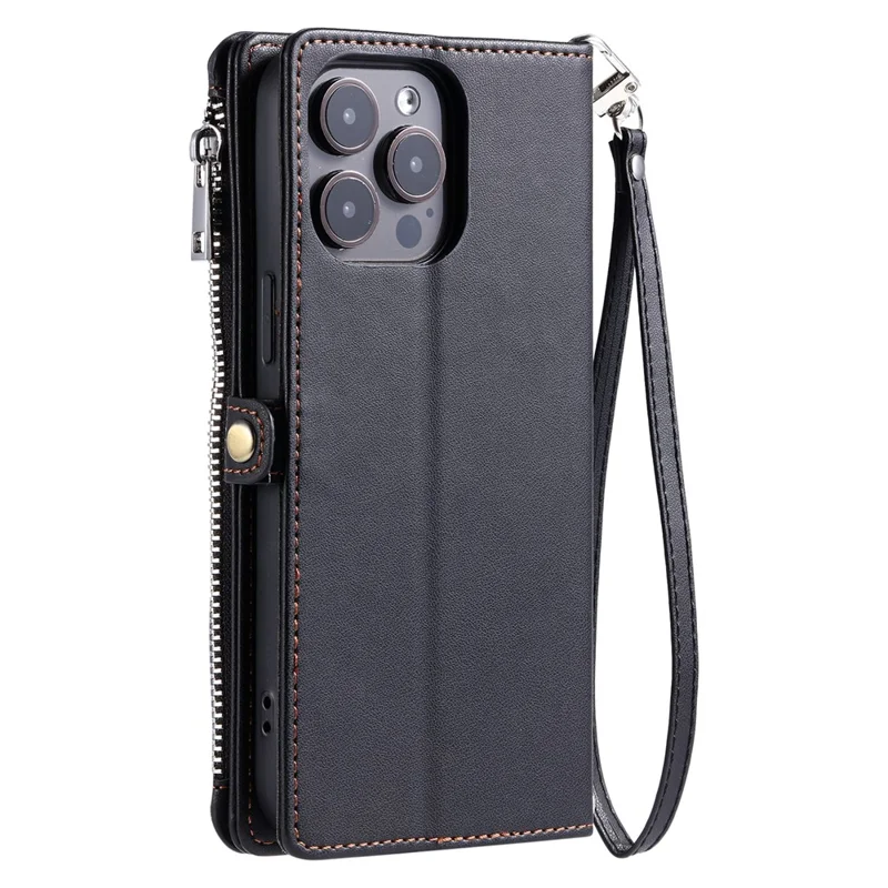 015 Style Für iPhone 15 Pro Max Hülle mit Reißverschlusstasche Leder Brieftasche Handyhülle - Schwarz