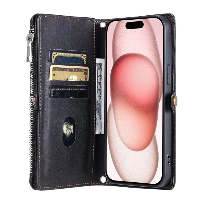 015 Style Für iPhone 15 Pro Max Hülle mit Reißverschlusstasche Leder Brieftasche Handyhülle - Schwarz