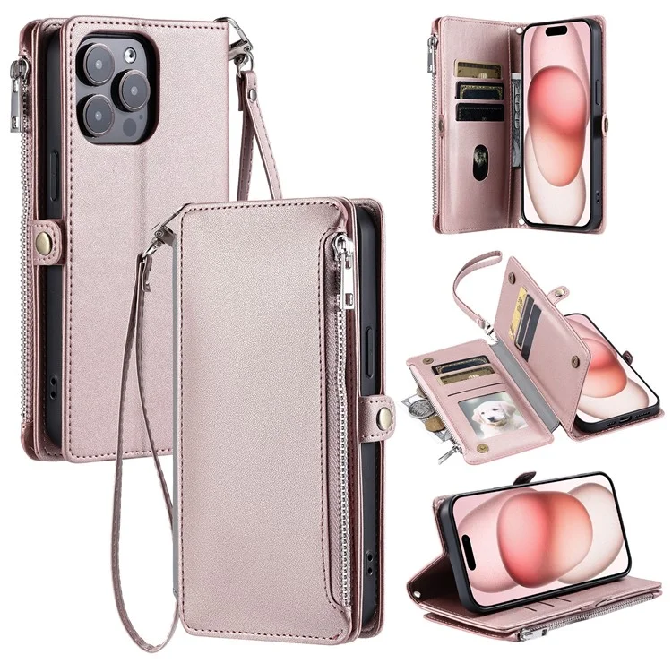 Capa de couro com bolso com zíper e alça para iPhone 15 Pro - Rose Gold