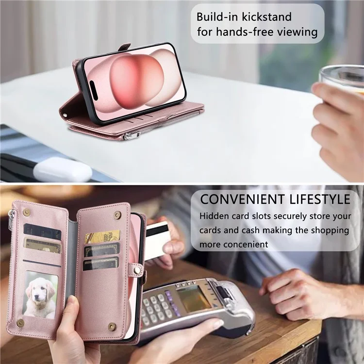 Capa de couro com bolso com zíper e alça para iPhone 15 Pro - Rose Gold