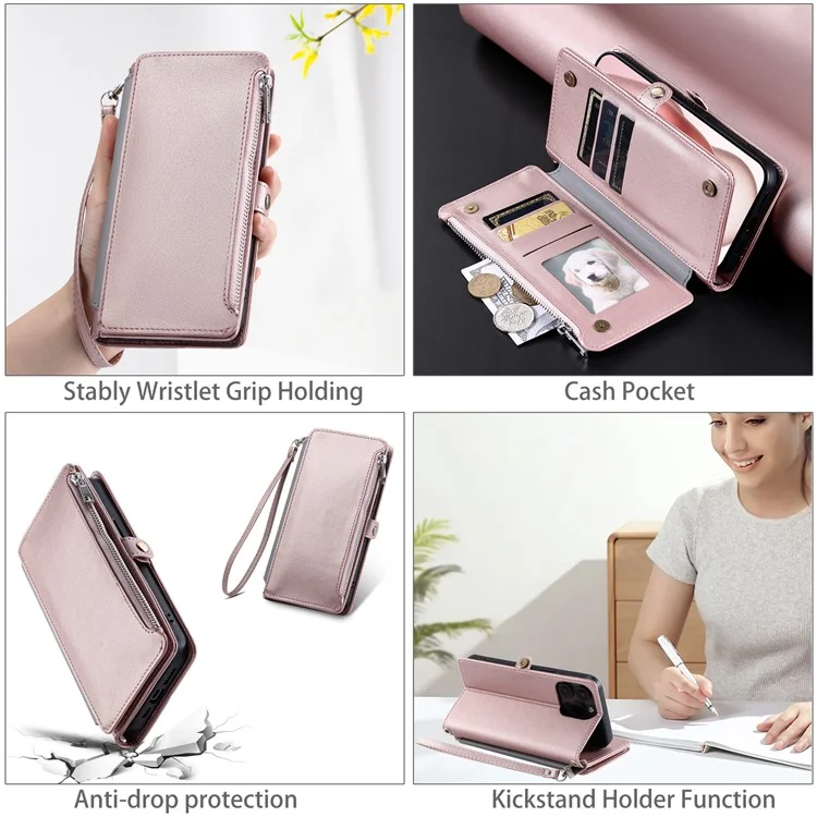 Capa de couro com bolso com zíper e alça para iPhone 15 Pro - Rose Gold