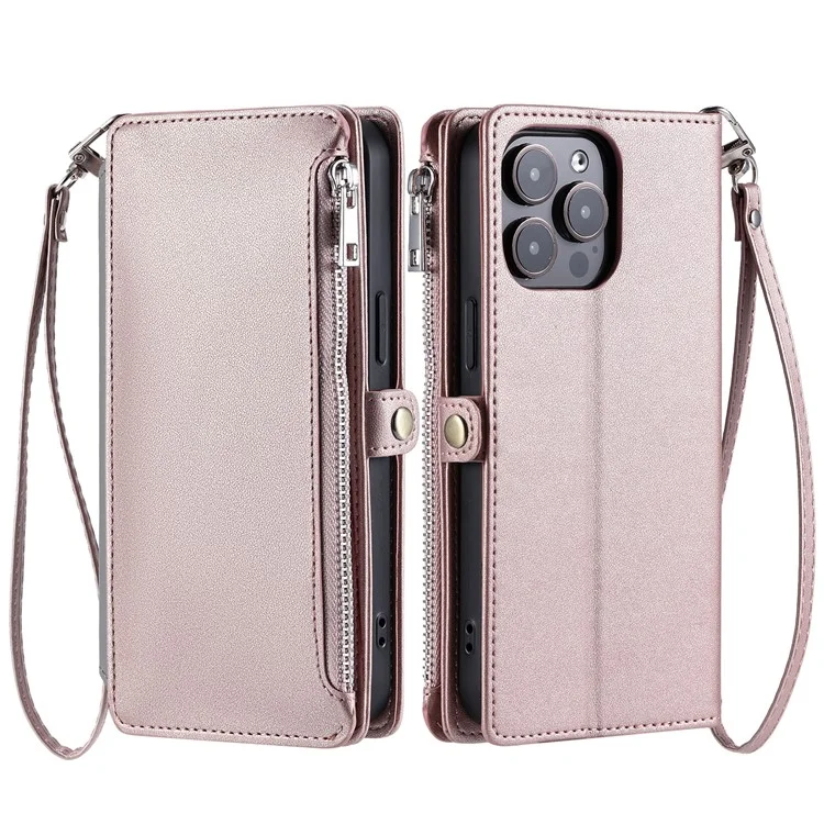 Capa de couro com bolso com zíper e alça para iPhone 15 Pro - Rose Gold
