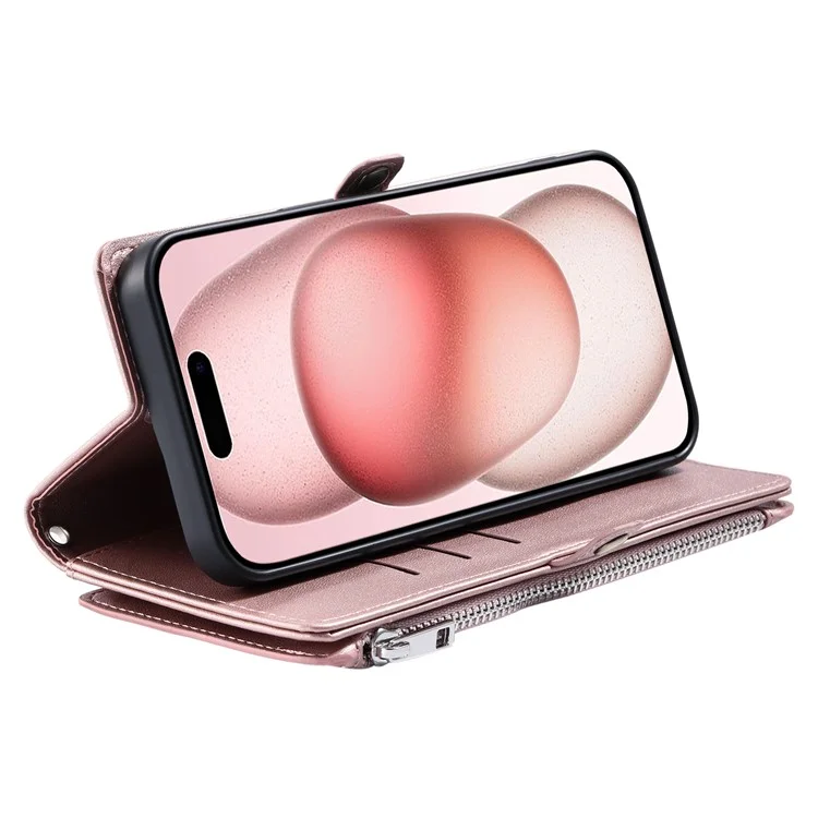 Capa de couro com bolso com zíper e alça para iPhone 15 Pro - Rose Gold