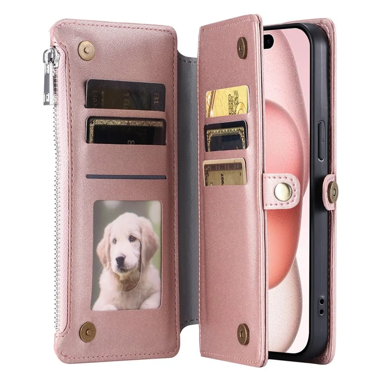 Capa de couro com bolso com zíper e alça para iPhone 15 Pro - Rose Gold