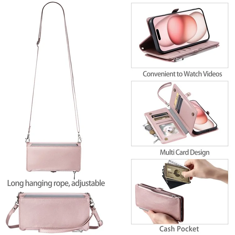 Capa de couro com bolso com zíper e alça para iPhone 15 Pro - Rose Gold