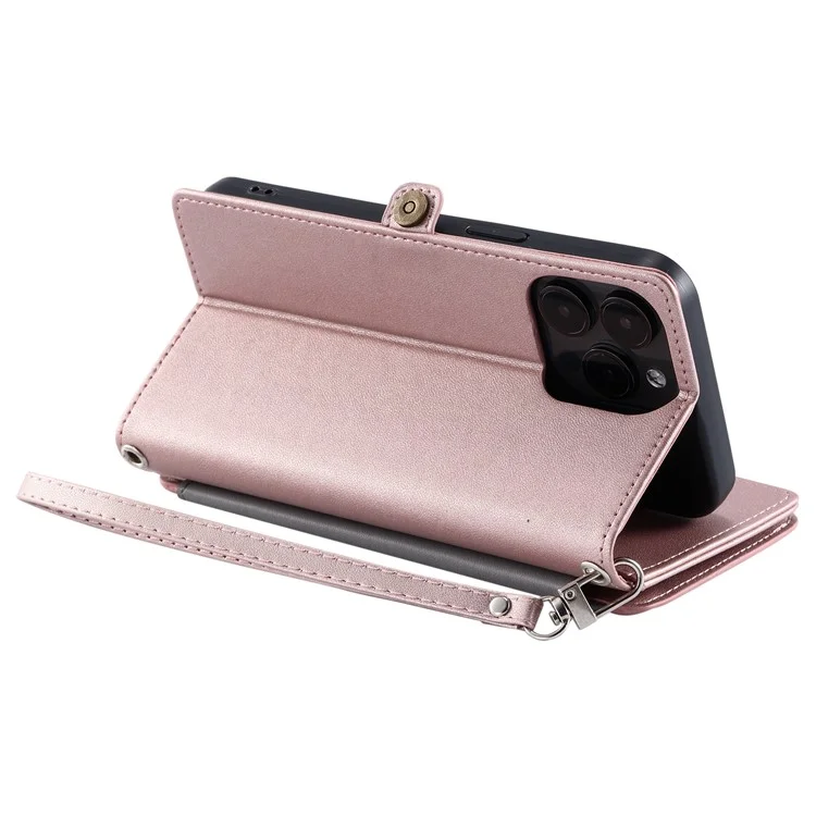 Capa de couro com bolso com zíper e alça para iPhone 15 Pro - Rose Gold