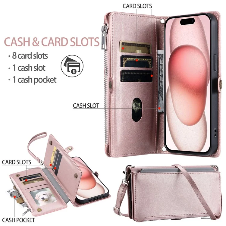 Capa de couro com bolso com zíper e alça para iPhone 15 Pro - Rose Gold