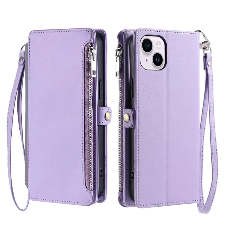 015 Style For iPhone 15 Leather Case Zipper Pocket Shockproof Phone Cover - Viola