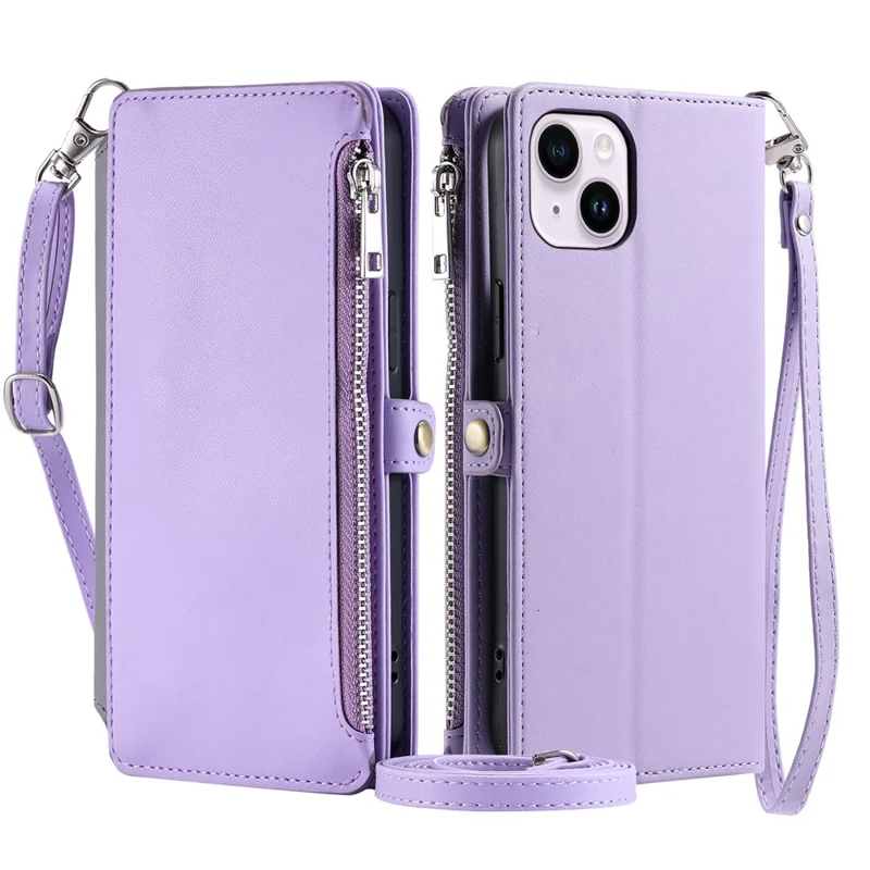015 Style For iPhone 15 Leather Case Zipper Pocket Shockproof Phone Cover - Viola