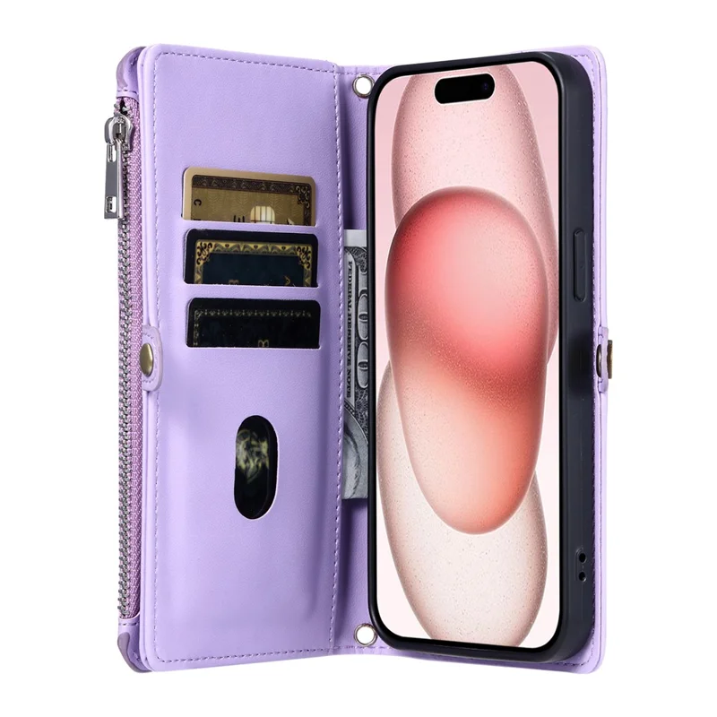 015 Style For iPhone 15 Leather Case Zipper Pocket Shockproof Phone Cover - Viola