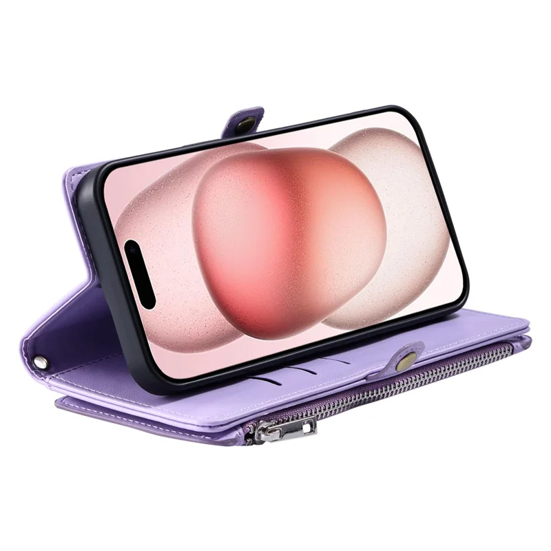 015 Style For iPhone 15 Leather Case Zipper Pocket Shockproof Phone Cover - Viola