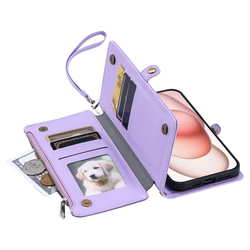 015 Style For iPhone 15 Leather Case Zipper Pocket Shockproof Phone Cover - Viola