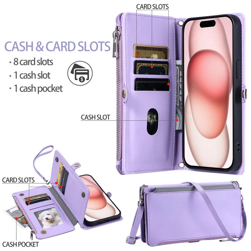 015 Style For iPhone 15 Leather Case Zipper Pocket Shockproof Phone Cover - Viola
