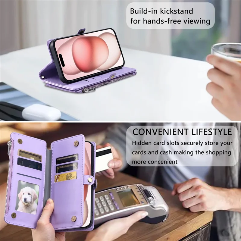 015 Style For iPhone 15 Leather Case Zipper Pocket Shockproof Phone Cover - Viola