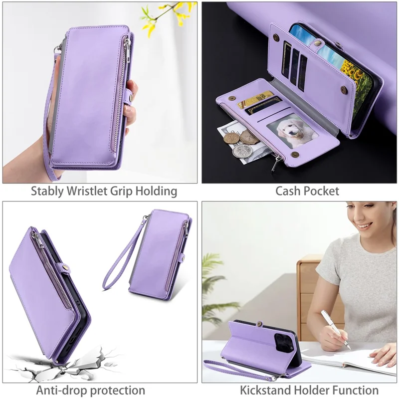 015 Style For Google Pixel 8a Wallet Case Drop-Proof Leather Phone Cover - Purple