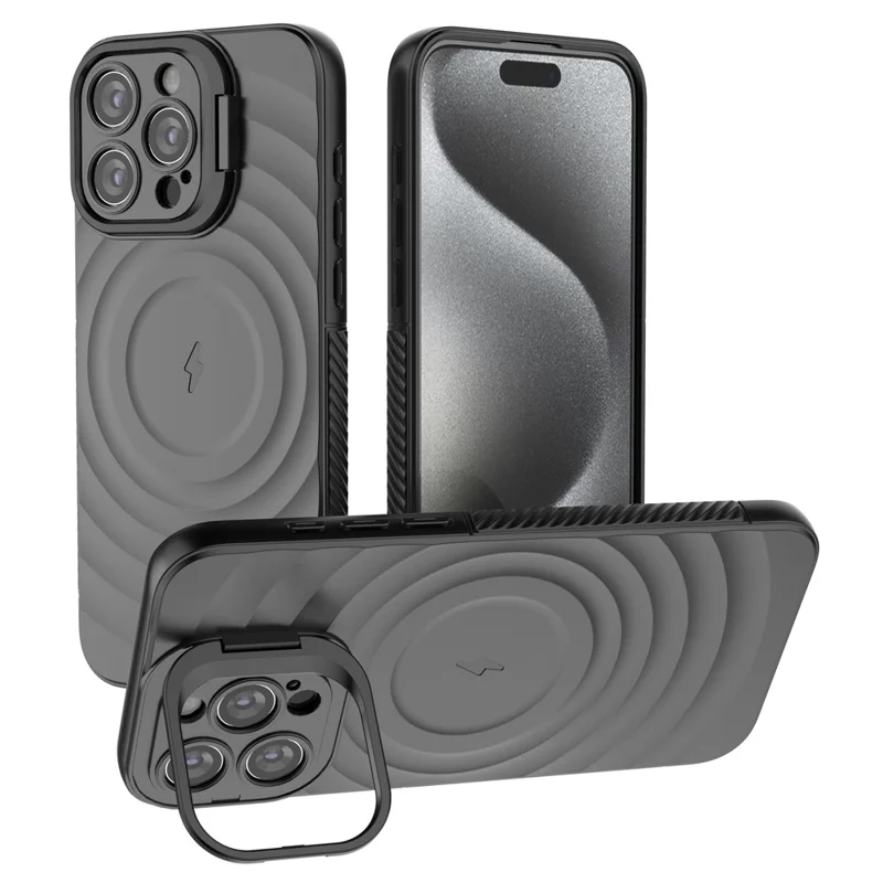 For iPhone 16 Pro Max Case PC Kickstand Ripple Texture TPU Phone Cover Compatible with MagSafe - Black