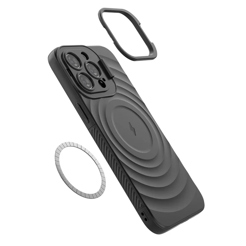 For iPhone 16 Pro Max Case PC Kickstand Ripple Texture TPU Phone Cover Compatible with MagSafe - Black